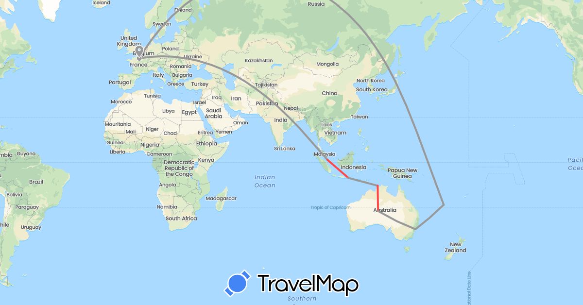TravelMap itinerary: driving, plane, hiking in Australia, France, Indonesia, New Caledonia, Singapore (Asia, Europe, Oceania)